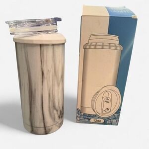 THILY Insulated Can Cooler Tumbler in White/Gray Marble, Double Wall, SS, NEW